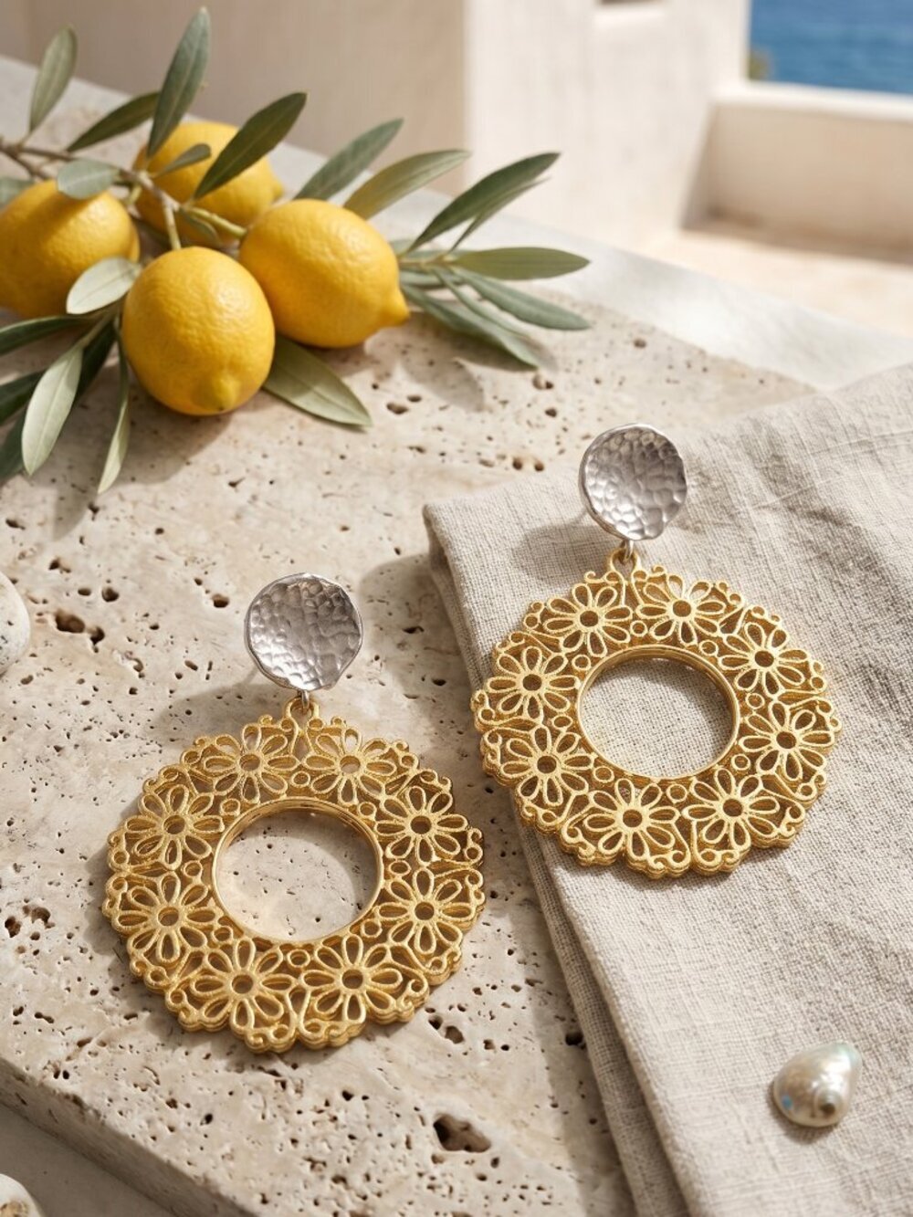 18K Gold Plated Brass Grand Bazaar Two Tone Filigree Drop Earrings Boho 2.75"